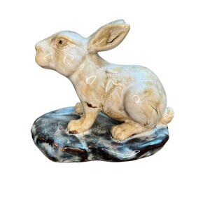 Ceramic White Bunny Rabbit Glazed crouching Figurine Easter